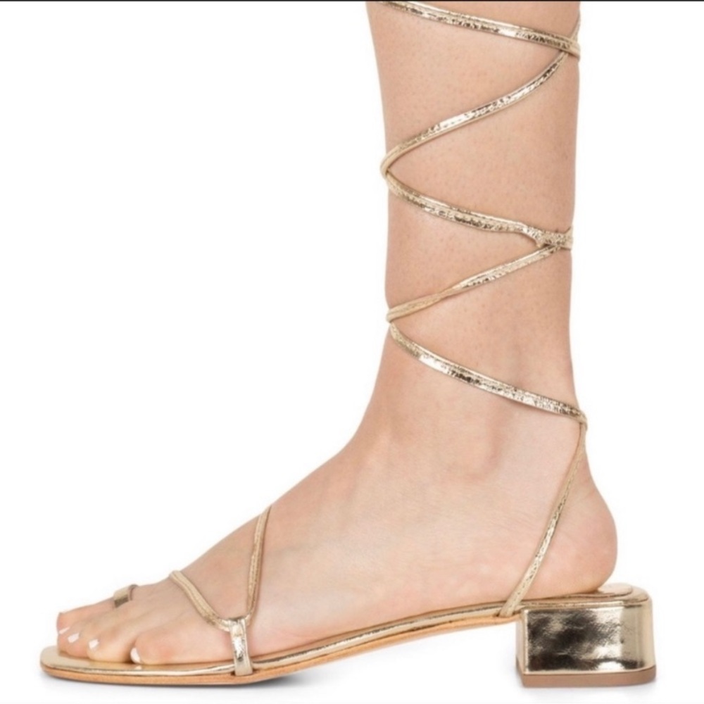 Jeffrey Campbell Agate Gold Leather Sandal Gladiator Wraparound Tie Ankle Strap